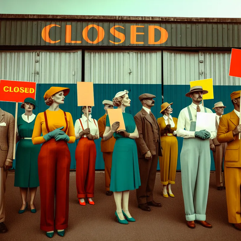 Groep diverse werknemers houdt kleurrijke protestborden vast voor een gesloten fabriek als teken van staking.