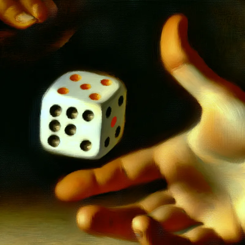 Close-up van een hand die een dobbelsteen vasthoudt met het cijfer zes zichtbaar, geschilderd in de levendige stijl van Frans Hals