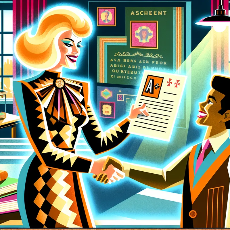 Docent en student geven elkaar een hand in een retro-futuristische klas, waarbij de student een rapport met een A+ toont als teken van prestatie en waardering