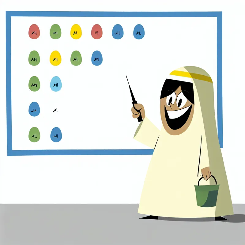 Minimalistische illustratie van een vrolijke docent die met een dikke stift wijst naar een lijst met namen op een whiteboard, in heldere primaire kleuren en eenvoudige lijnen