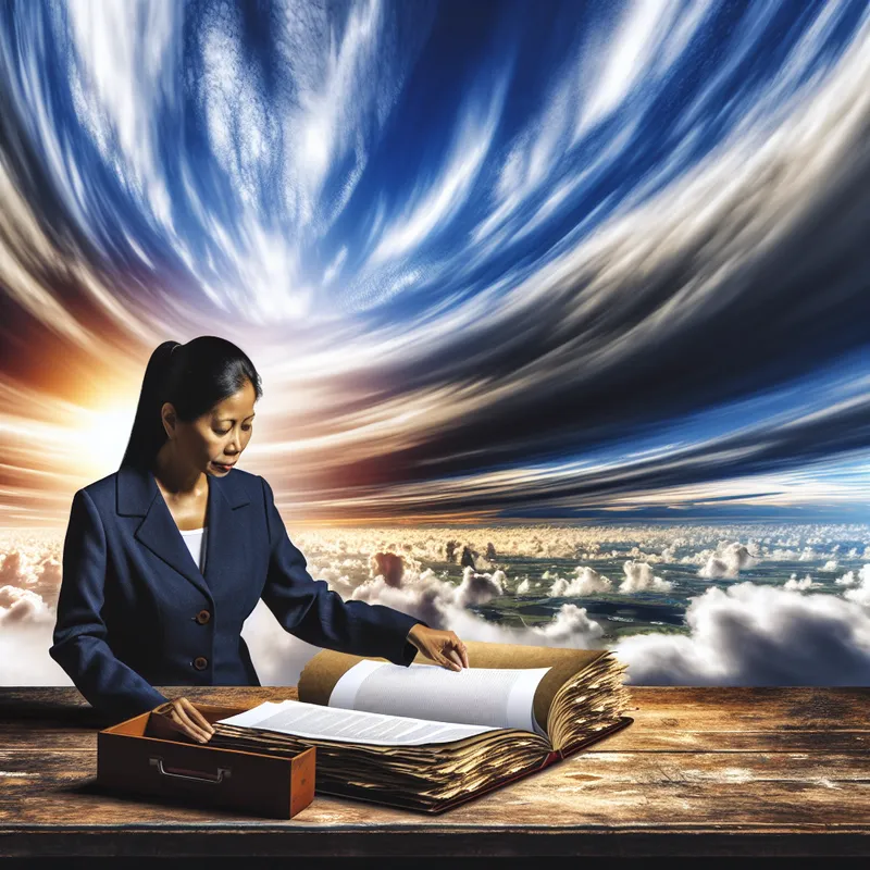 Persoon inspecteert documenten op een houten tafel in een prachtig landschap met dramatische lucht.