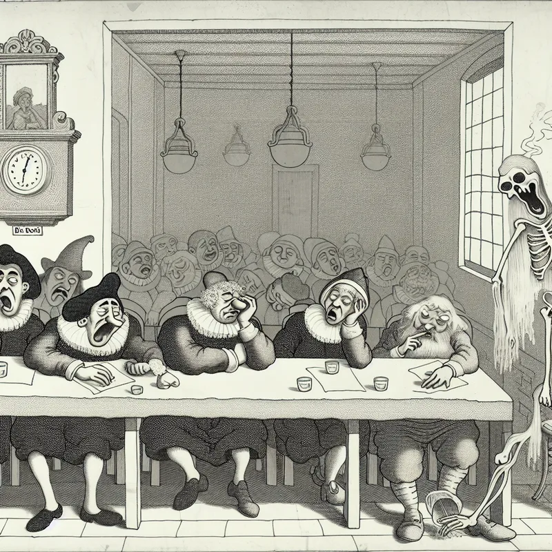 Cartoonachtige vergadering met uitgeputte deelnemers en een spookachtige figuur genaamd 'de dood', die de dodelijke verveling van een eindeloze bijeenkomst symboliseert