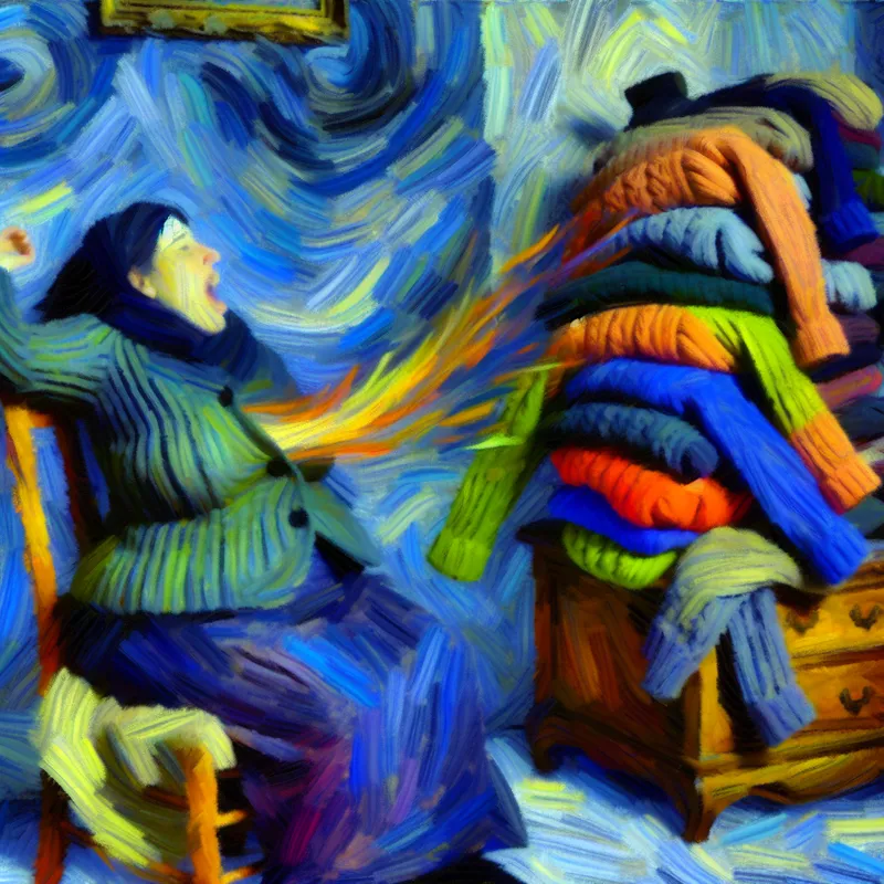 Abstract expressionistisch tafereel van een persoon die rilt van de kou en naar een trui reikt met de uitdrukking 'doe er maar een trui bij'