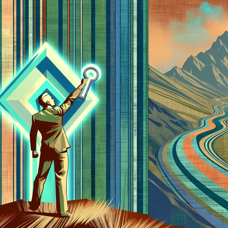 Retro-futuristische illustratie van een man op een bergtop met een gloeiende sleutel, symboliserend het bereiken van een doel of toestand na hard werken