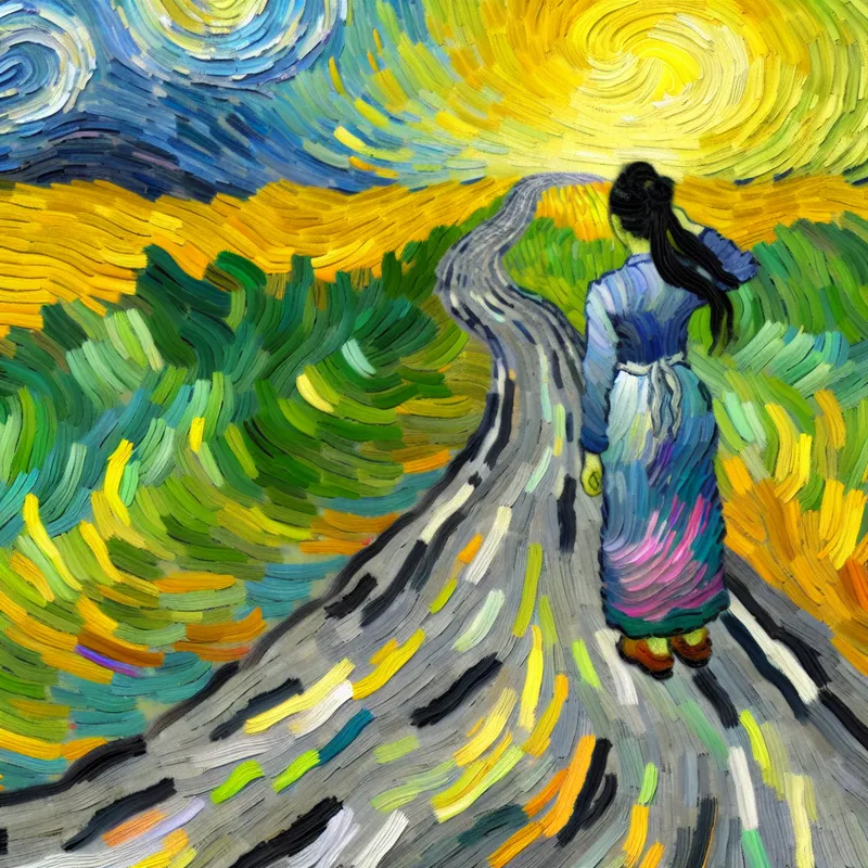 Persoon kijkt vastberaden naar een kronkelend pad dat symbool staat voor het nastreven van een doel of verlangen, geschilderd in de expressieve stijl van Vincent van Gogh