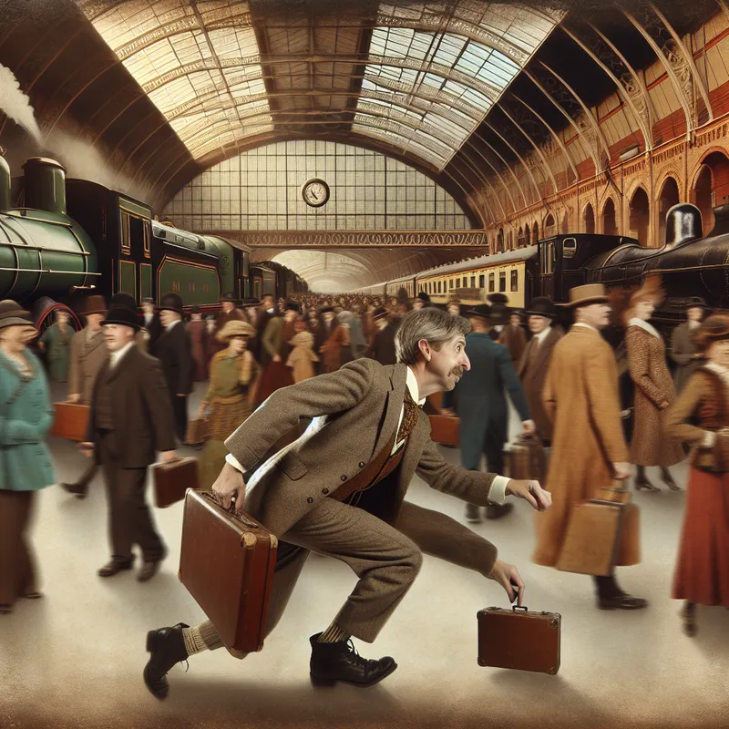 Man in vroege 20e-eeuwse kleding haast zich doelgericht door een drukke, nostalgische treinstation met stoomtreinen en gedetailleerde architectuur