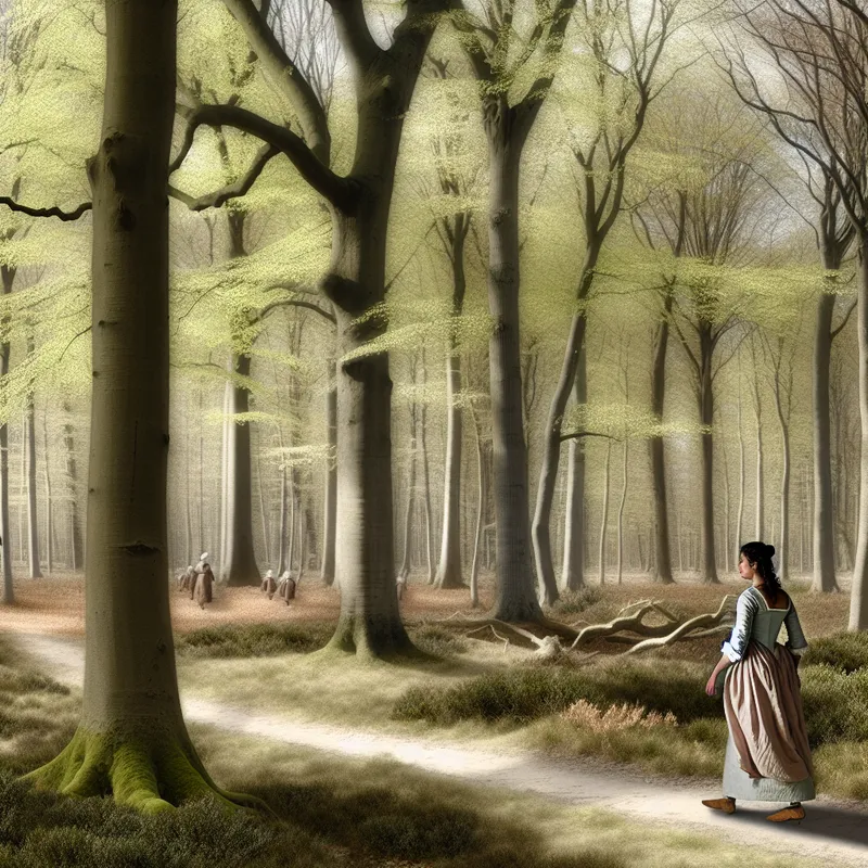 Een persoon die doelloos door een serene bosomgeving wandelt, omringd door hoge bomen met delicately bladeren.