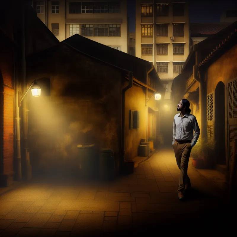Man wandelt doelloos door een stedelijke omgeving, omringd door schaduwrijke steegjes en warme straatverlichting.