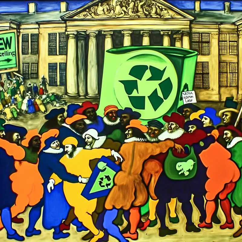 Levendige groep mensen bespreekt een kleurrijke recyclingcampagne met een doelstelling-banner, geschilderd in de stijl van Frans Hals