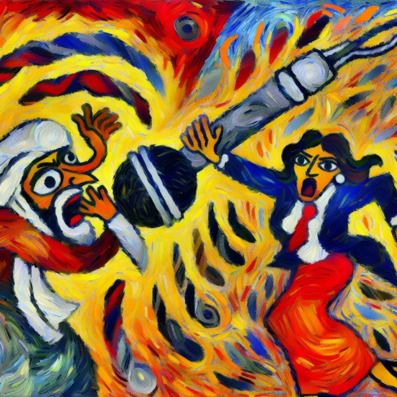 Abstracte voorstelling van een journalist die een microfoon als wapen richt op een nerveuze minister, symboliserend kritiek richten op een doelwit