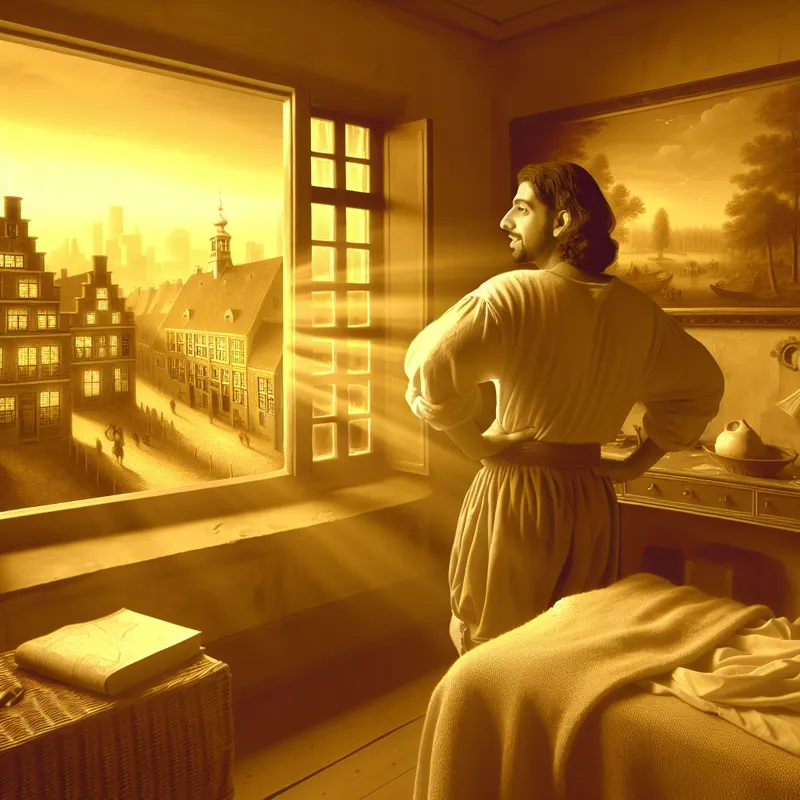 Persoon kijkt dromerig uit het raam naar een schilderachtige Europese stad bij zonsondergang, met warme gouden tinten en historische gebouwen