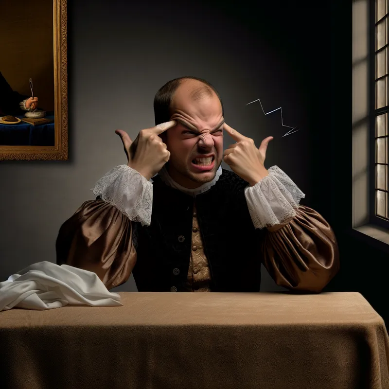 Elegant persoon in historische setting die bijna gek wordt van irritatie door hard geluid van de buren