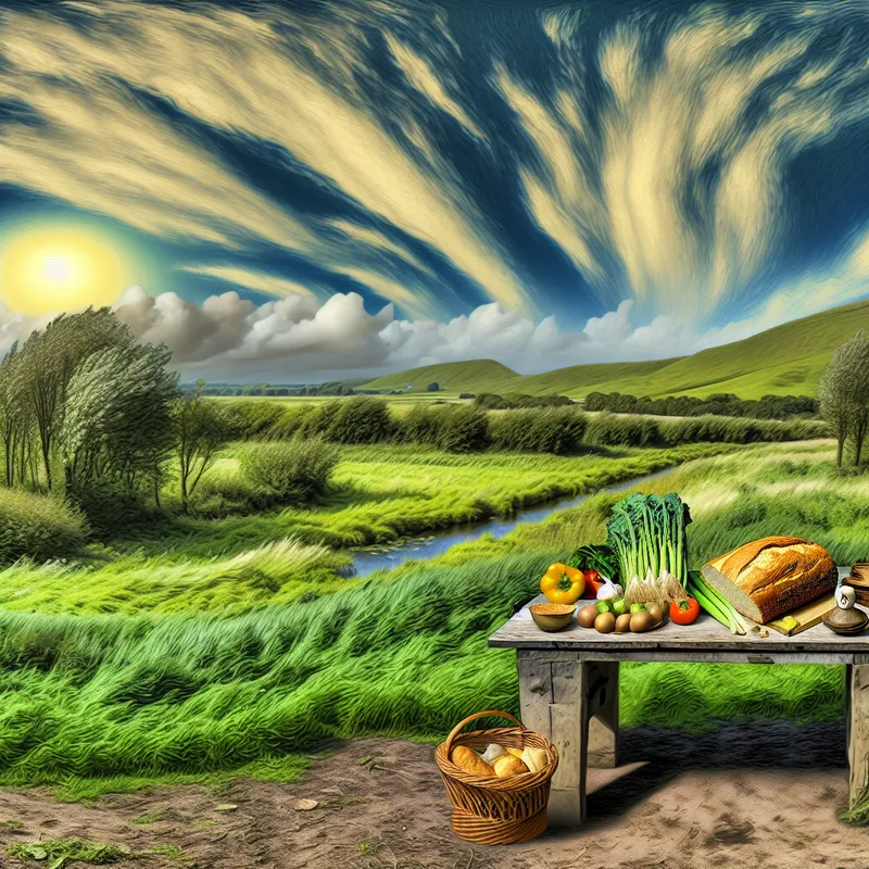 Een eenvoudige houten tafel met groenten en brood als symbolische donatie aan een voedselbank in een landelijke omgeving