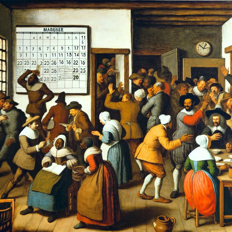 Drukke kantoor- of trainingsruimte op een donderdag in maart, met een grote kalender waarop donderdagen zijn gemarkeerd, mensen in overleg, aan de telefoon en in trainingssessies