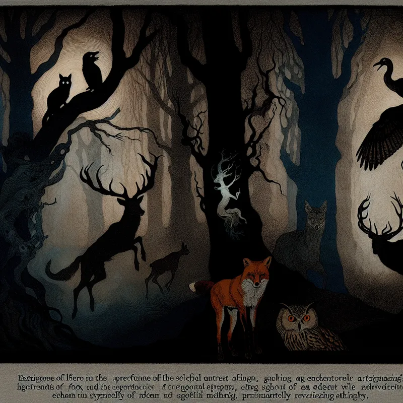 Donkere, mysterieuze bos scène met een vos, een hert en een uil die samenleef in nevelachtige omgeving