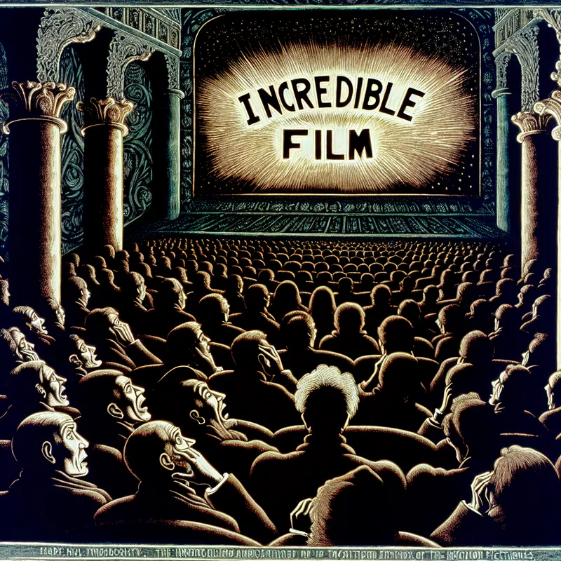 Donkere filmtheater met oplichtende marquee en publiek vol verwondering