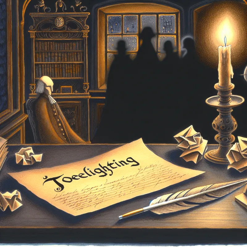 Een donker kantoor met een flikkerende kaars, een open document en een notitie labeled 'Toelichting', omringd door gekreukte papieren en een ganzenveer.