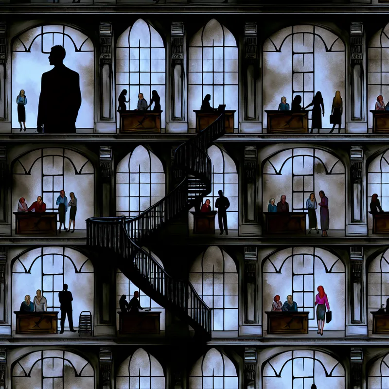 Een donker en sfeervol kantoor gebouw met verschillende verdiepingen, een schimmige figuur op de bovenste verdieping die de onderliggende niveaus observeert.