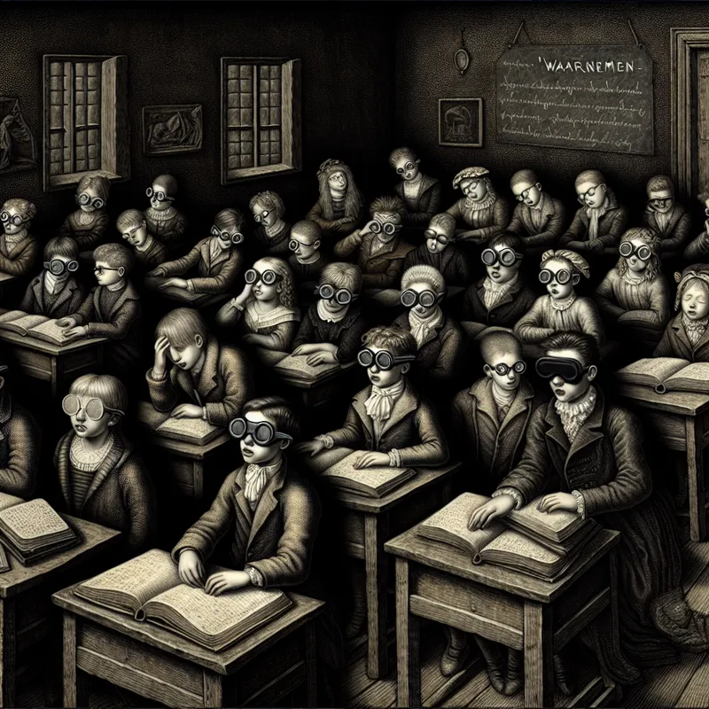 Een mysterieus klaslokaal met vermoeide leerlingen die grote brillen dragen en moeite hebben om het bord te zien.