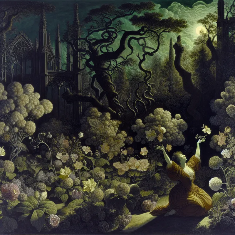 Man knielt in een donker, sfeervol tuinlandschap vol weelderige bloemen en planten, stralend van vreugde en tevredenheid.