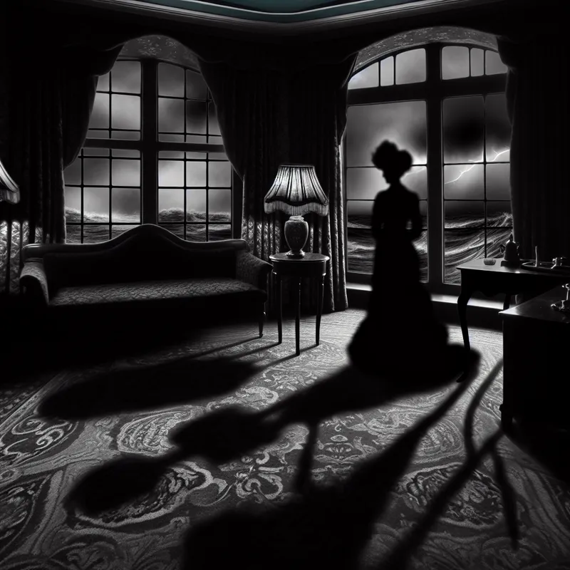 Donkere hotelkamer met een figuur bij het raam en uitzicht op een stormachtige zee