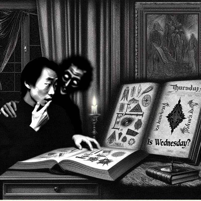 Een persoon aan een bureau in een donker verlichte kamer, verwart kijkend naar een kalender op donderdag, terwijl een schaduwfiguur achter hen fluistert: 'Is het woensdag?'