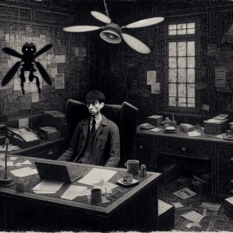 Een verzonnen menselijke figuur die eruitziet als een drone, zittend aan een chaotisch bureau in een sombere kantooromgeving, starend naar een computerscherm.