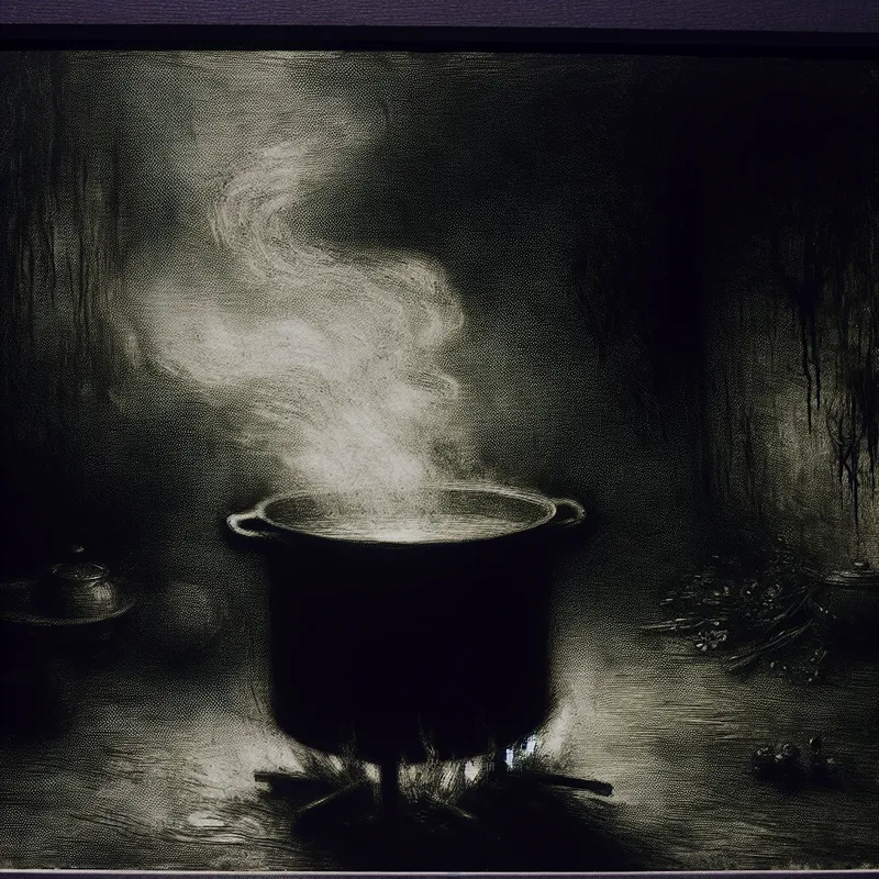 Een donkere, sfeervolle keuken met een pot op het fornuis waarin soep pruttelt, met stoom die omhoog stijgt en kleine luchtbellen die zich vormen aan het oppervlak.