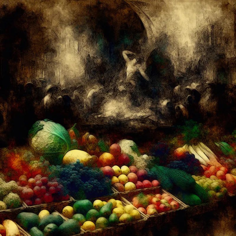 Donkere markt scene met kleurrijke fruits en groenten, in de stijl van Félicien Rops