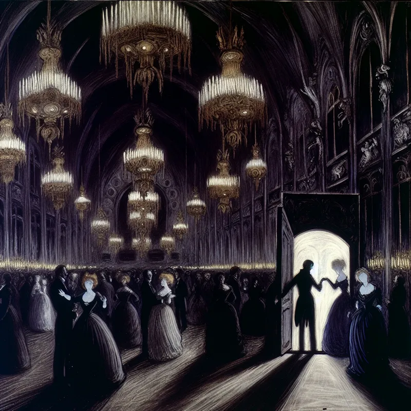 Een duistere en mysterieuze scène van een luxe feestje met elegant geklede gasten die dansen onder gotische kroonluchters. Een paar laatkomers staan in de open deur, verrast en iets rommelig, wat aangeeft dat de viering al begonnen is.