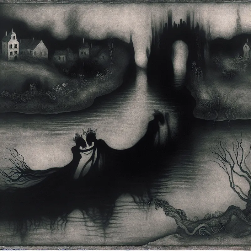 Dramatisch beeld van een donkere, kronkelige rivier tussen twee kleine dorpen, met zwevende mist en spookachtige zusters die elkaar bereiken over het water.