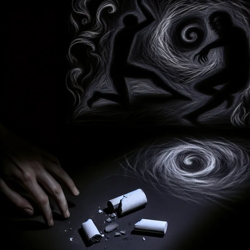 Een brokje krijt ligt op de grond in een sombere, donkere setting, omringd door schaduwachtige figuren.