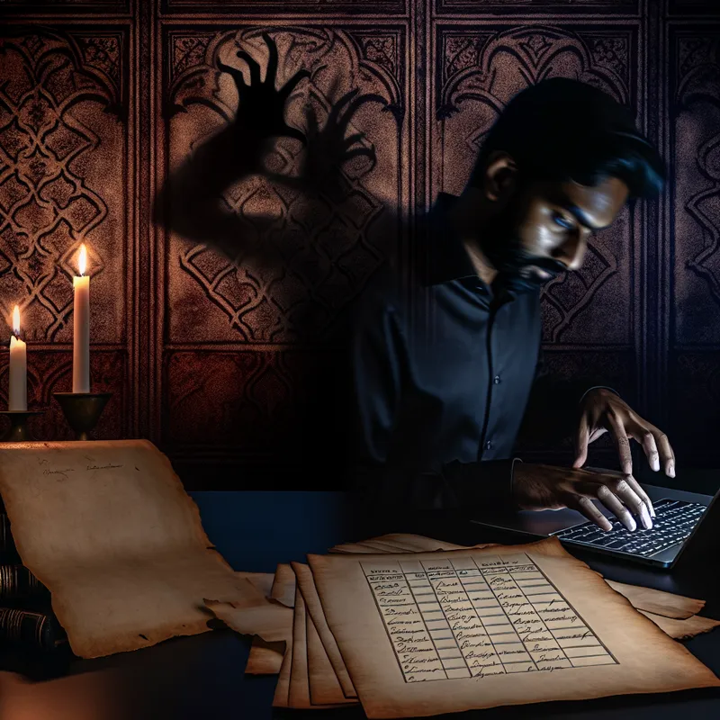 Een schimmige kantoorruimte met een silhouet dat een e-mail schrijft op een laptop, omringd door kaarsen en gotische patronen.