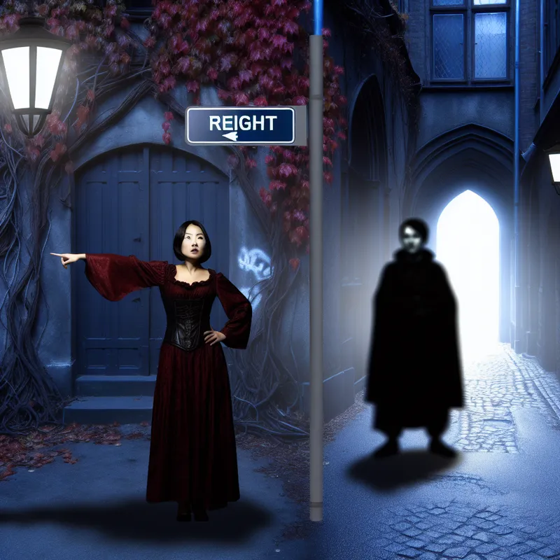 Een donkere straat onder maanlicht met twee silhouetten, één wijzend naar rechts.