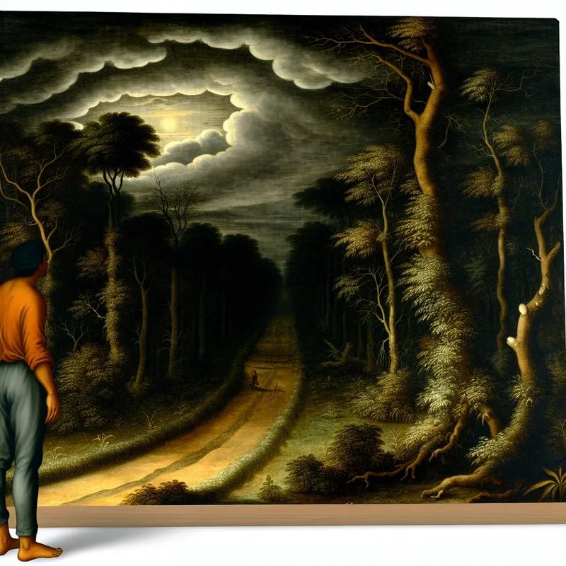 Een eenzame figuur staat aan de rand van een donkere, kronkelige weg, omringd door bomen, met een angstige blik op een verouderd, slecht verlicht pad in de schaduw.