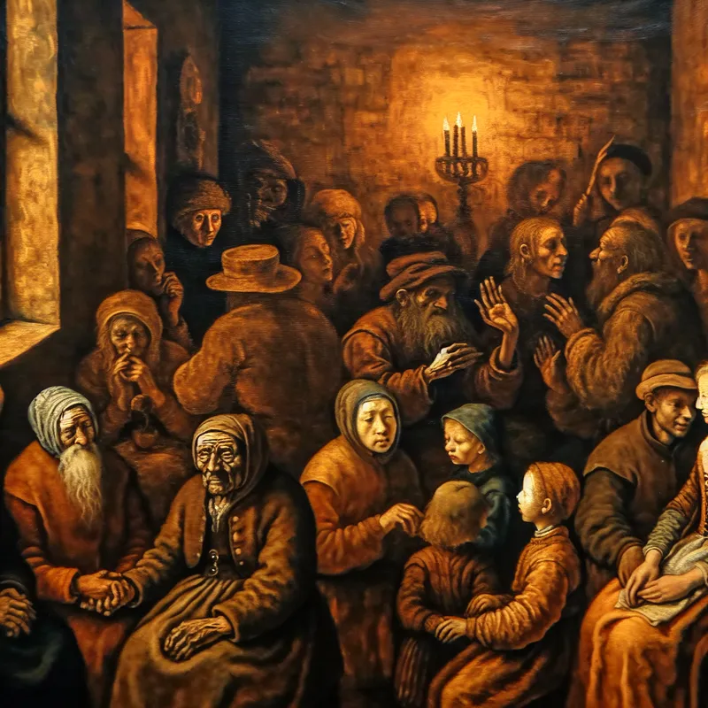 Gedetailleerde schilderij in Rembrandt-stijl van meerdere generaties mensen die verbondenheid en verhalen door de tijd heen uitbeelden, met warme gouden lichtcontrasten en aardetinten