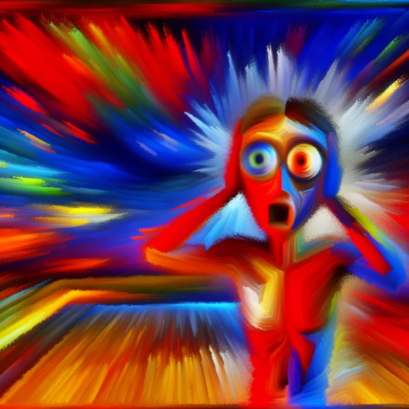 Abstracte voorstelling van een persoon die een diepe emotionele schok ervaart, met felle kleuren en expressieve penseelstreken in de stijl van Karel Appel