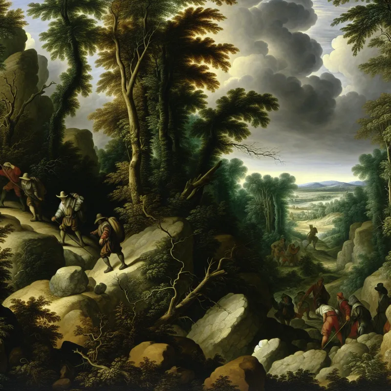 17e-eeuws Hollands landschap van Jacob van Ruisdael met een groep ontdekkingsreizigers die een ruig, onherbergzaam gebied doorkruisen onder dreigende stormwolken