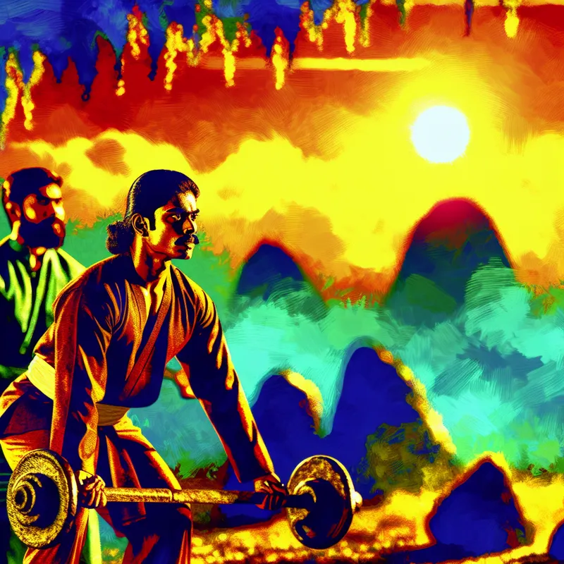 Atleet die krachtig gewichten heft tijdens zonsopgang, met obstakels op de achtergrond