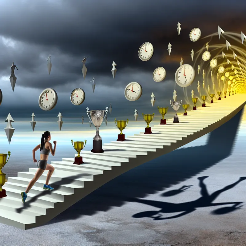 Hyperrealistische surrealistische voorstelling van een eenzame sporter die een eindeloze trap van motivatiesymbolen beklimt, met een lange schaduw en een dramatische lucht, symbool voor doorzettingsvermogen en innerlijke kracht