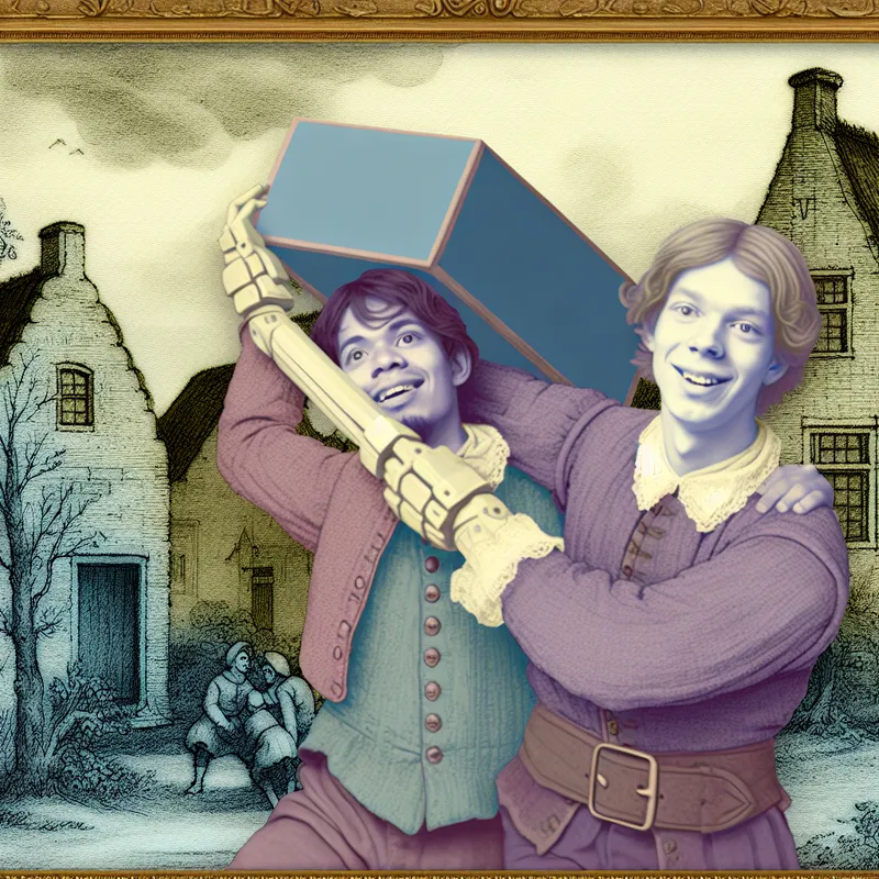 Een jonge man die met zijn linkerarm een grote doos optilt en zijn jongere broer helpt in een ouderwets dorp.