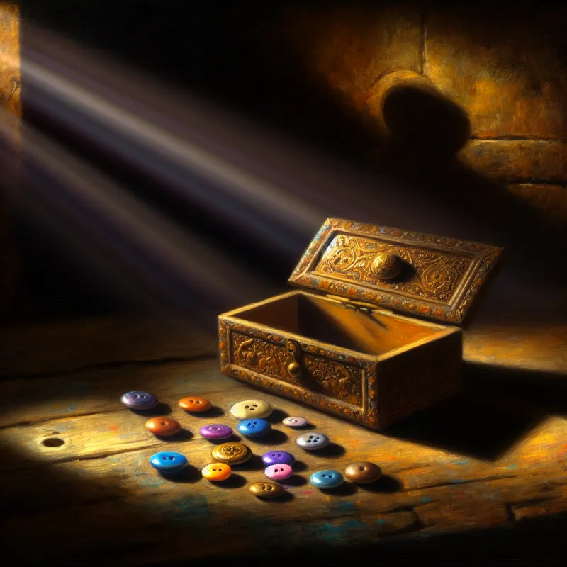 Een prachtig geïllustreerd doosje met kleurrijke knopen op een verouderde houten tafel