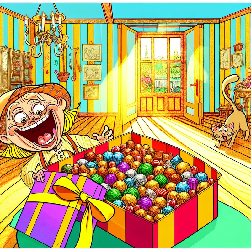 Een cartoonachtige illustratie van een open doos pralines in een zonnige kamer met een blij karakter dat naar een praline reikt en een nieuwsgierige kat die in de doos kijkt.
