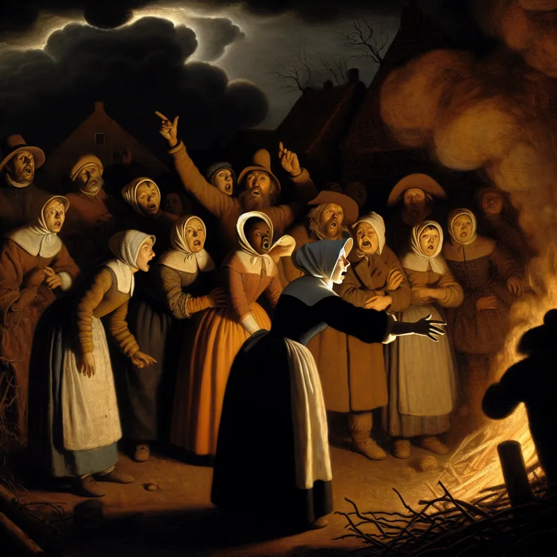 Dramatische scène van een dorp in nood, met een brandweerman die een aankondiging doet aan dorpsbewoners.