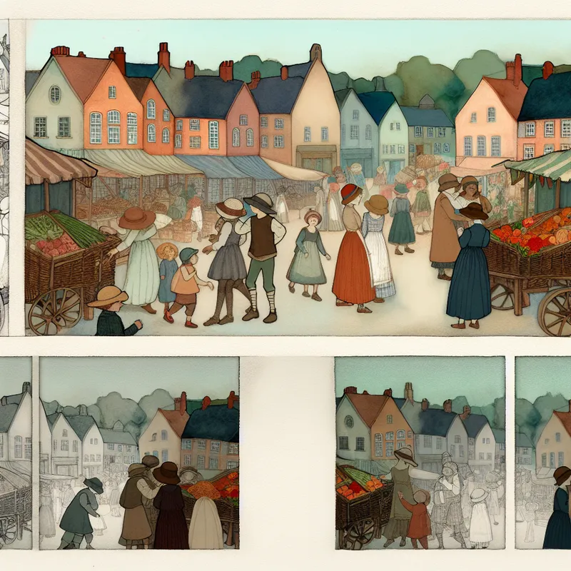 Een levendige illustratie van een dorpsmarkt met mensen die de gezondheid van hun gemeenschap bespreken, omgeven door schilderachtige gebouwen en kleurrijke kraampjes met verse producten.