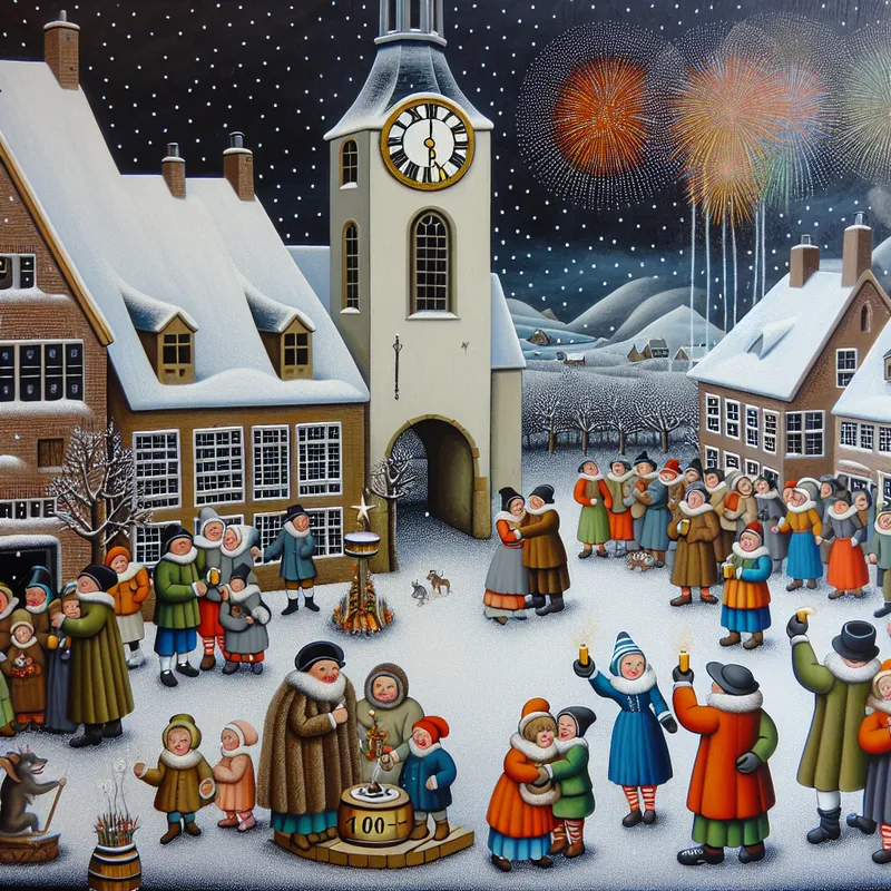 Een feestelijke winterscène met een dorpsplein en een torenklok die middernacht slaat, met vallende sneeuw en kleurrijke vuurwerk.