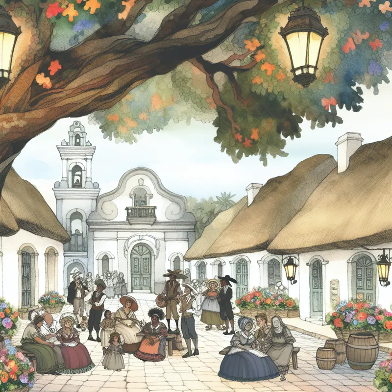 Een betoverende dorpsplein met mensen die vrolijk onder een grote boom zitten, omringd door kleurrijke bloemen en oude gebouwen.