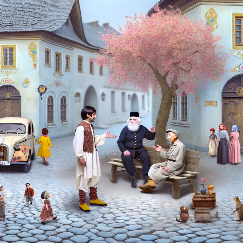 Een nieuwsgierige persoon vraagt een oude man op een bankje naar een nieuwe auto in een pittoresk dorpsplein.