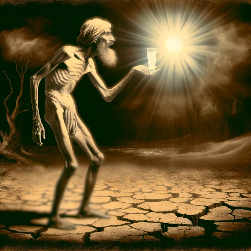 Een uitgeputte figuur in een dor en heet landschap staart verlangend naar een glas water dat net buiten bereik ligt.