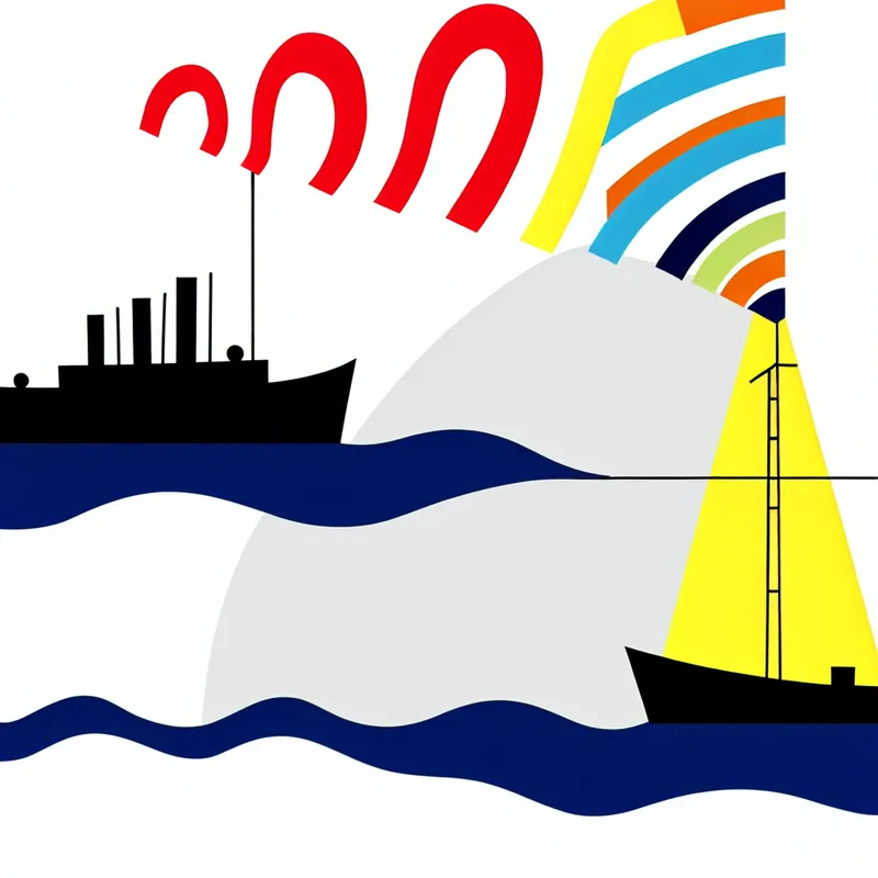 Twee vintage schepen communiceren draadloos via felgekleurde radiogolven op een kalme zee, minimalistische illustratie in stijl van Dick Bruna